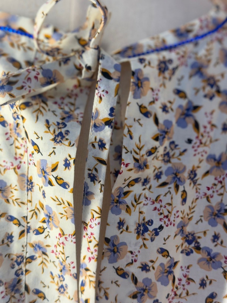 Fine print blue beaded patient gown