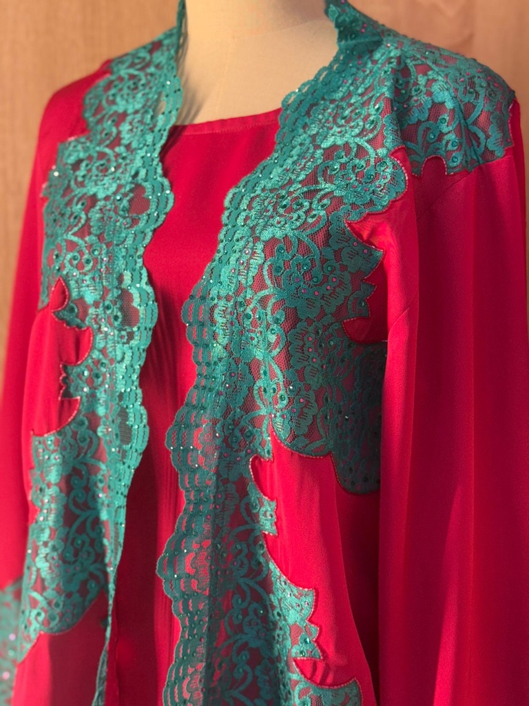 Scarlet Lace Abaya, Gown And Scarf Set 