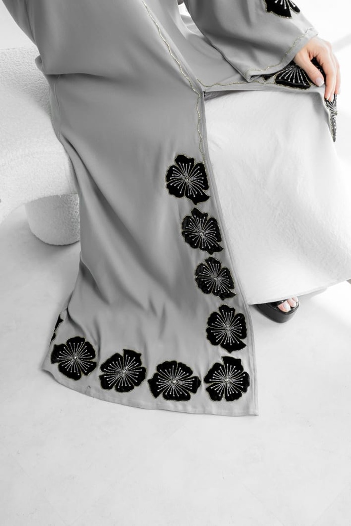 Handmade Flowers Embroidered Elegance Grey Abaya
