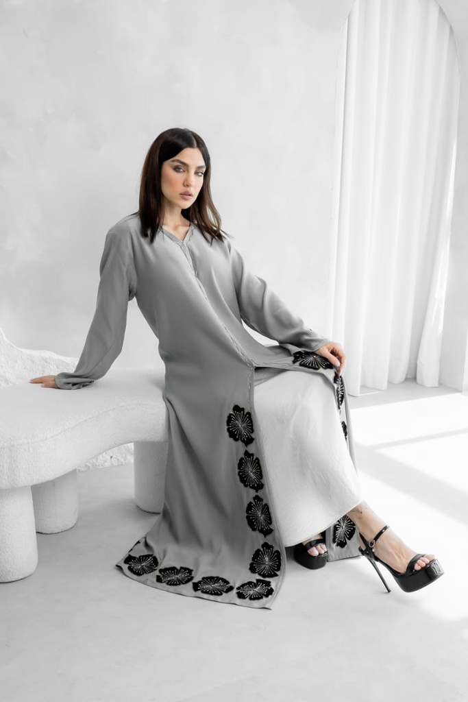 Handmade Flowers Embroidered Elegance Grey Abaya