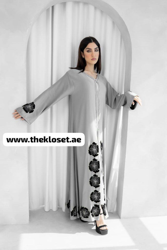 Handmade Flowers Embroidered Elegance Grey Abaya