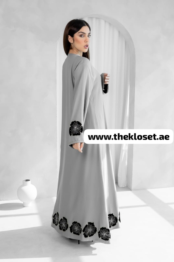 Handmade Flowers Embroidered Elegance Grey Abaya