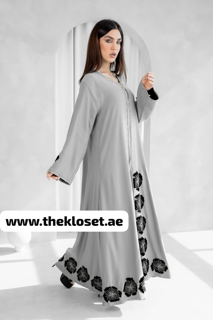 Handmade Flowers Embroidered Elegance Grey Abaya
