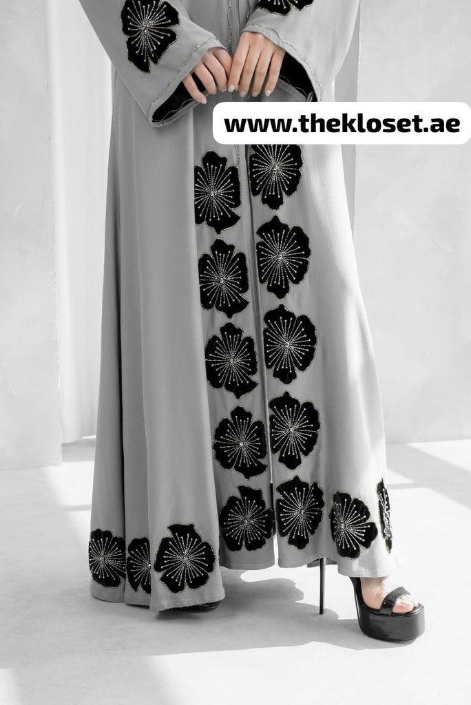 Handmade Flowers Embroidered Elegance Grey Abaya