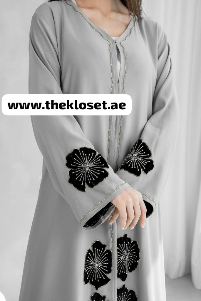 Handmade Flowers Embroidered Elegance Grey Abaya