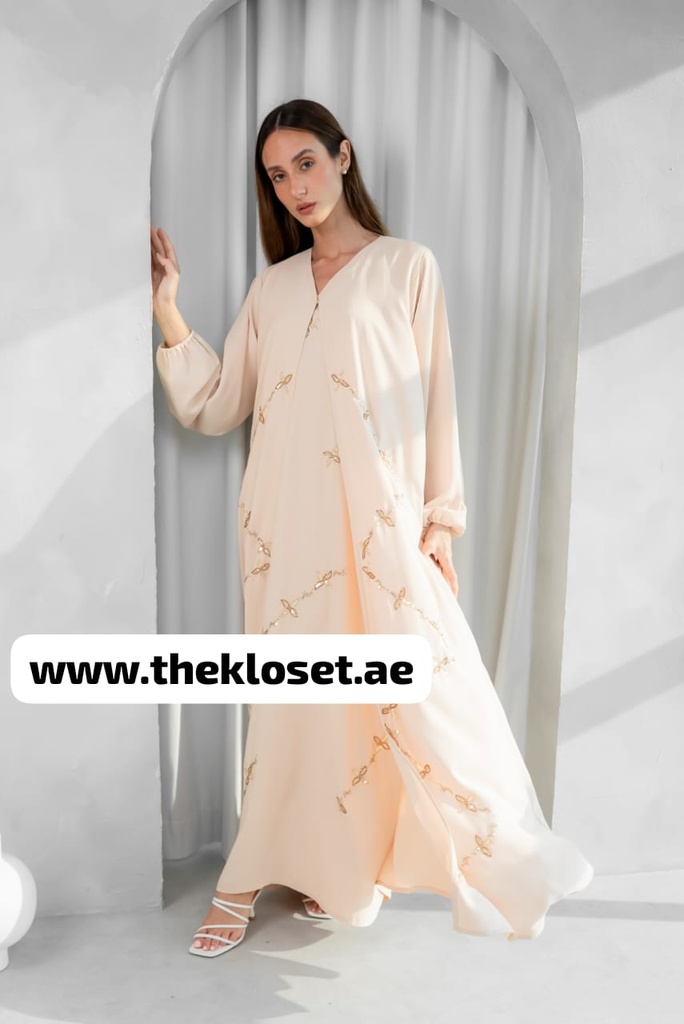 Flower-Embroidered Beige Abaya