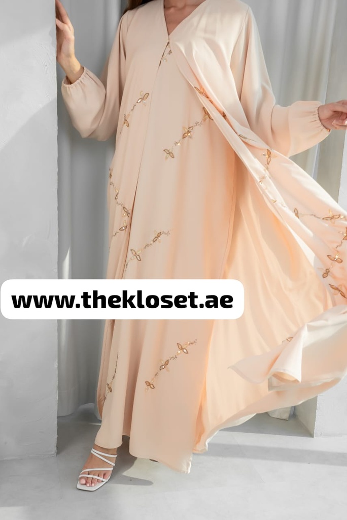 Flower-Embroidered Beige Abaya