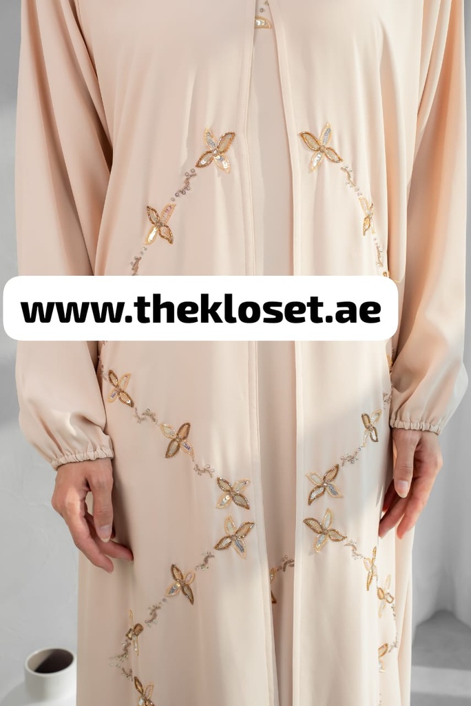 Flower-Embroidered Beige Abaya