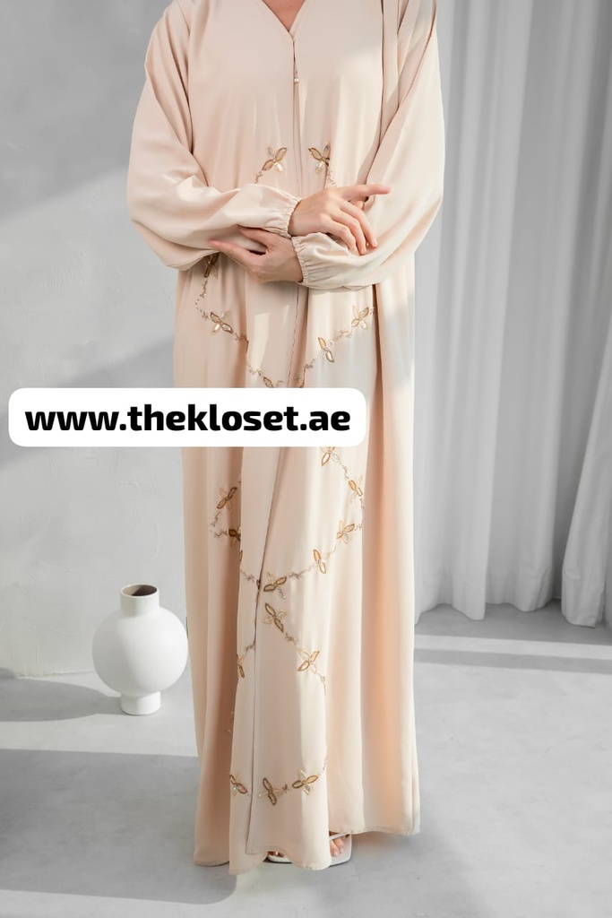 Flower-Embroidered Beige Abaya