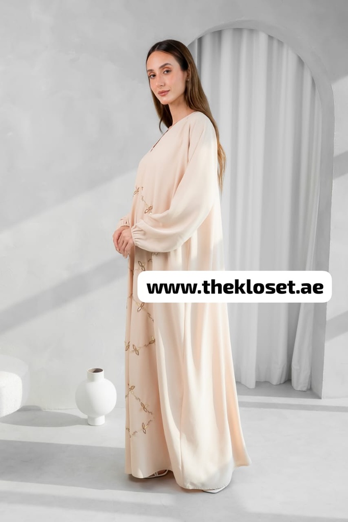 Flower-Embroidered Beige Abaya