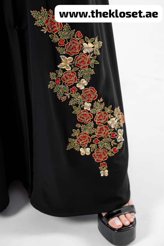 Beaded red floral black Abaya
