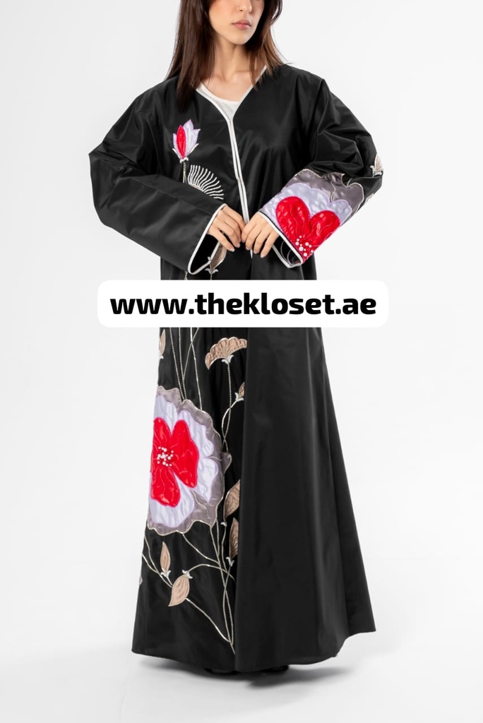 Chic Abaya with Floral Pattern and Bead Embellishments
