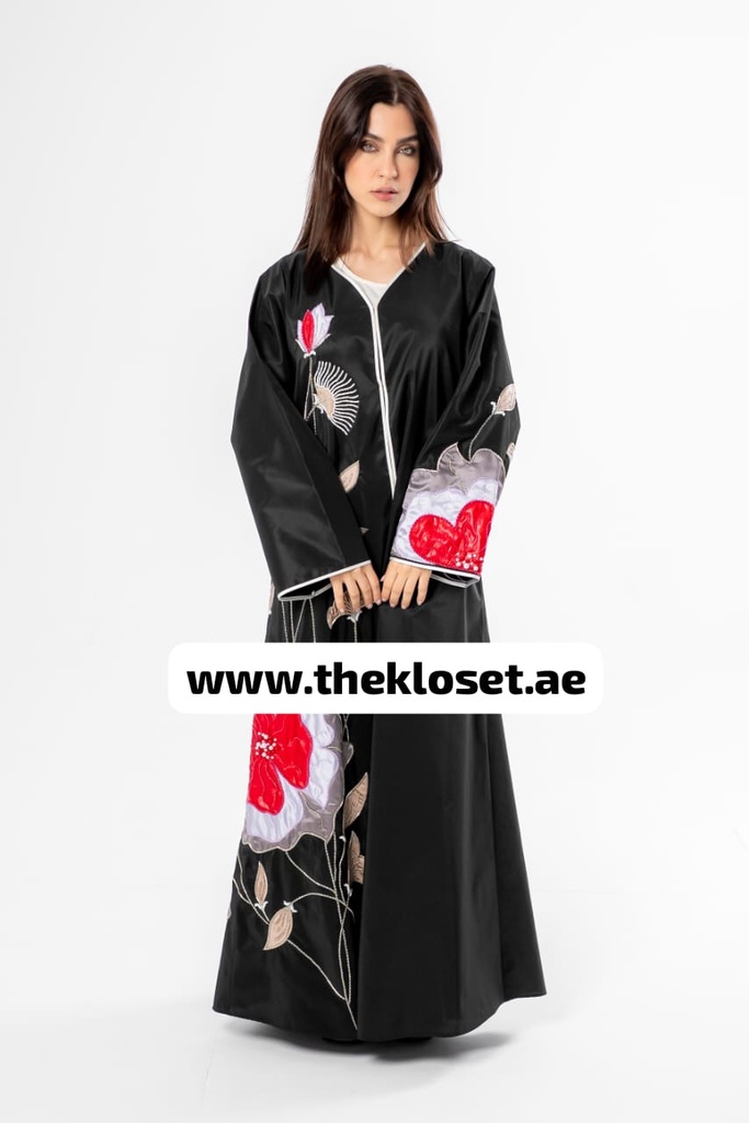 Chic Abaya with Floral Pattern and Bead Embellishments