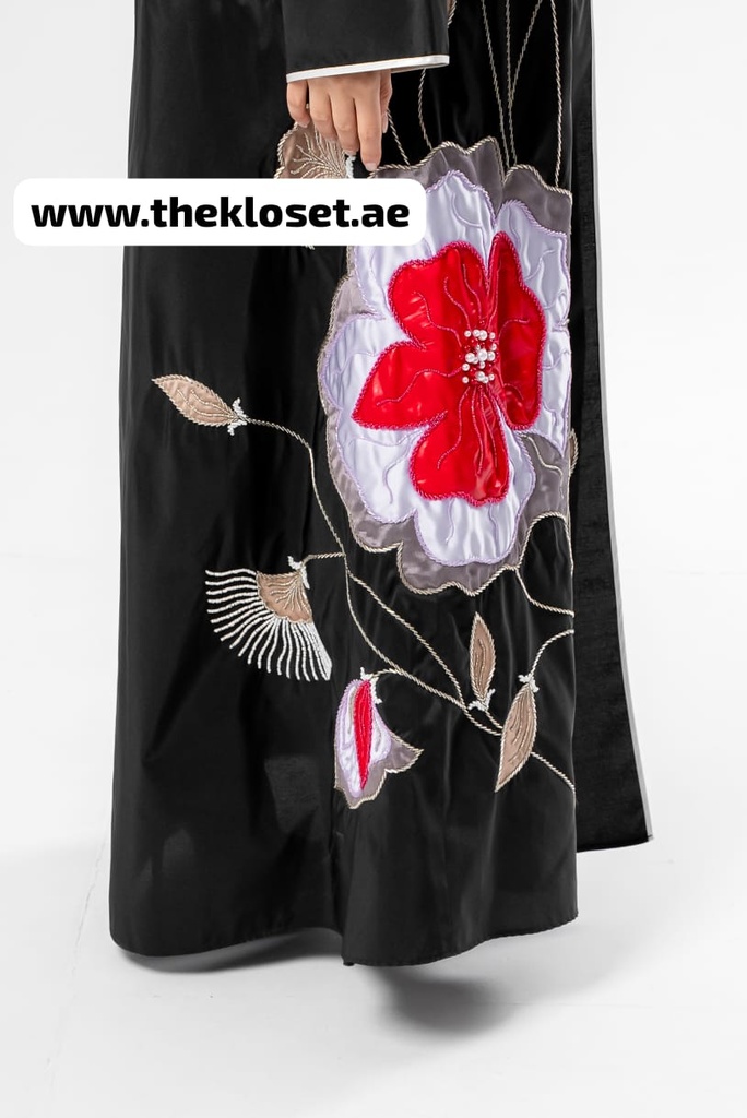 Chic Abaya with Floral Pattern and Bead Embellishments