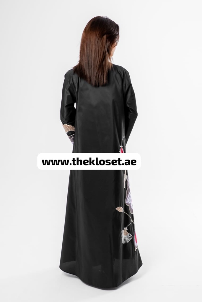 Chic Abaya with Floral Pattern and Bead Embellishments