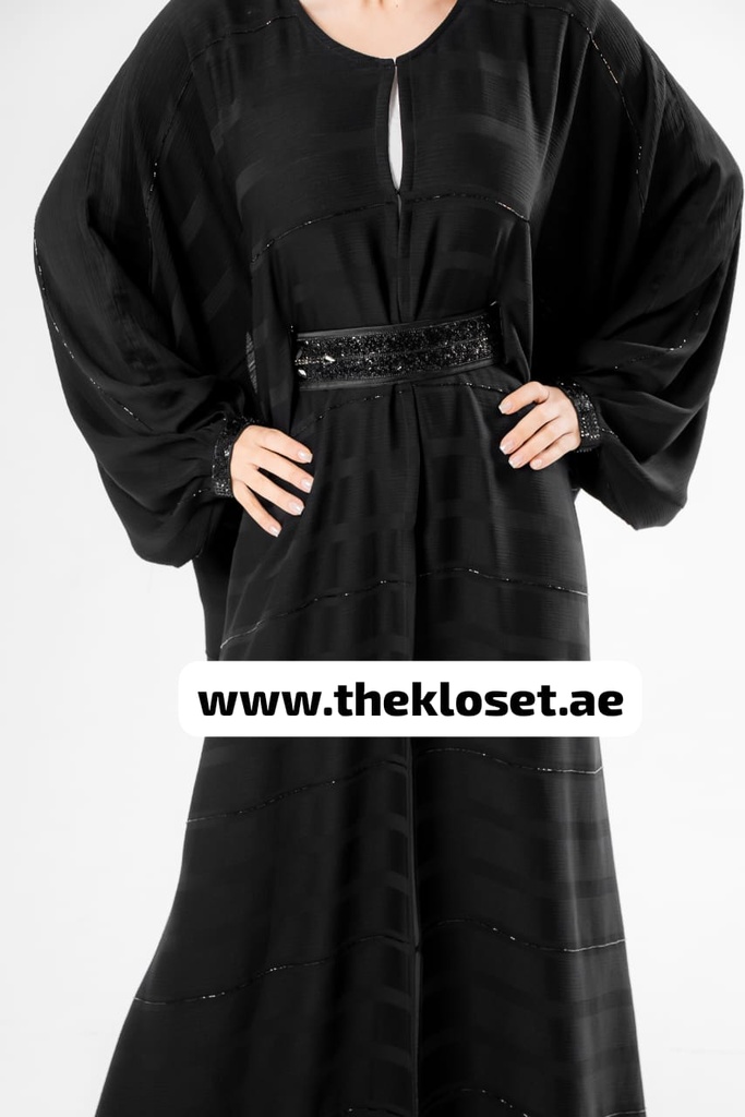 Hand beaded belted closed wide sleeves style abaya