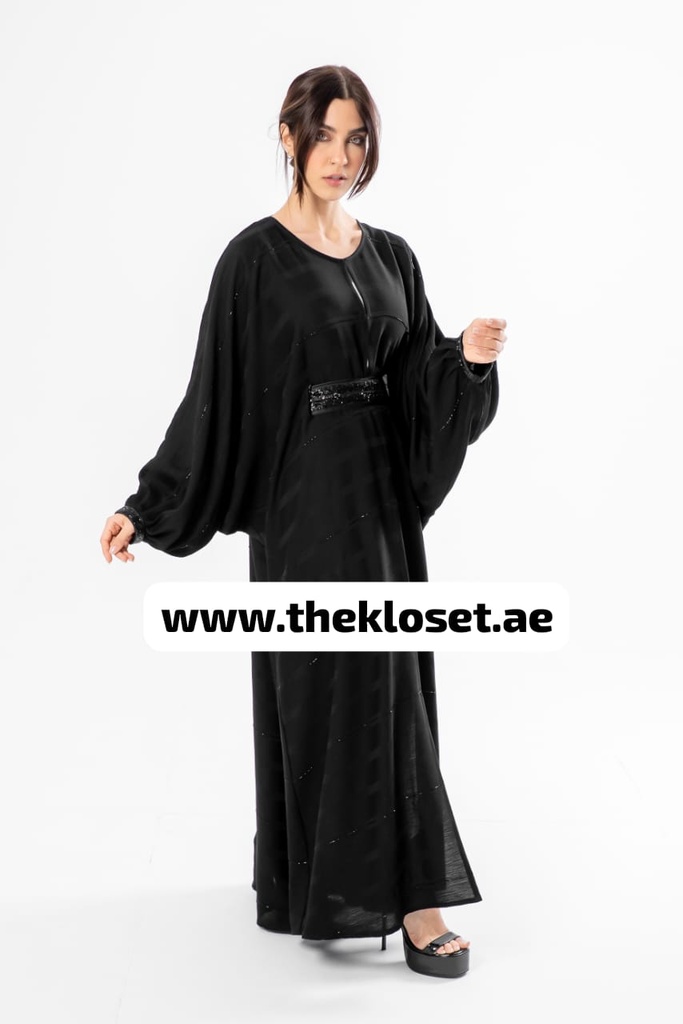 Hand beaded belted closed wide sleeves style abaya