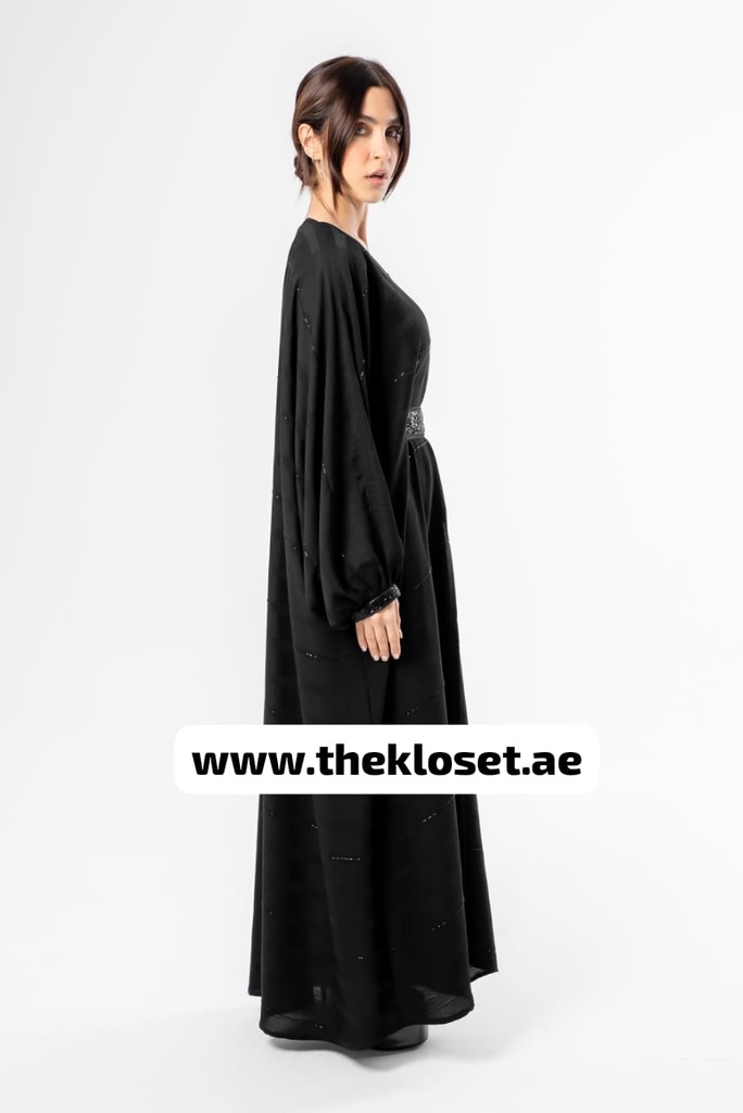 Hand beaded belted closed wide sleeves style abaya