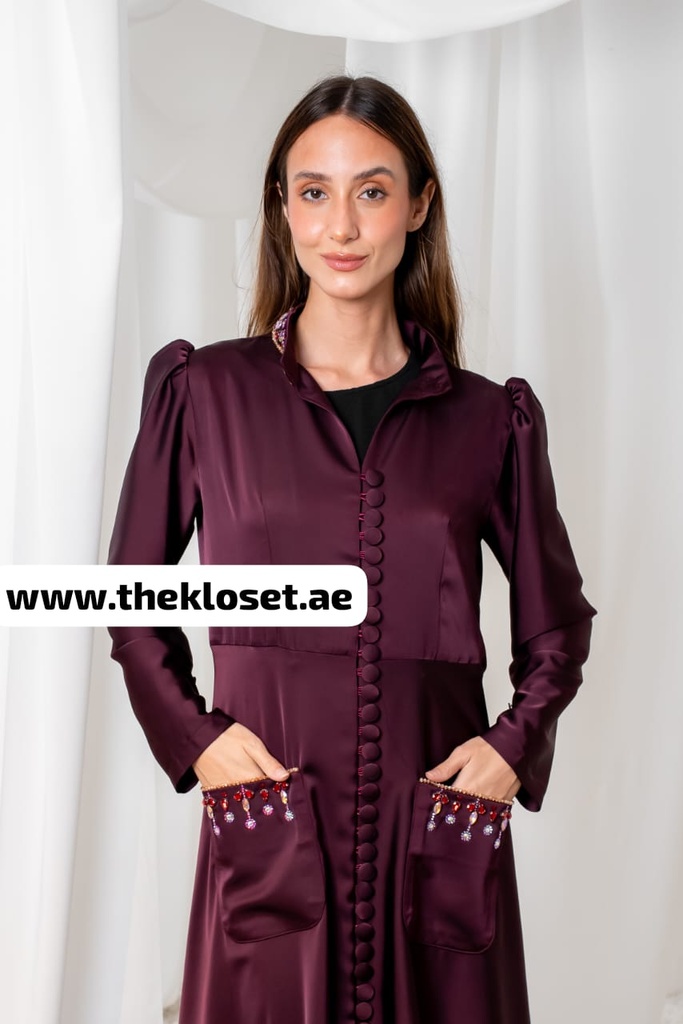 Jeweled buttons burgundy silky abaya