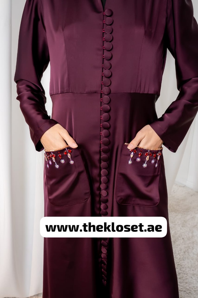 Jeweled buttons burgundy silky abaya