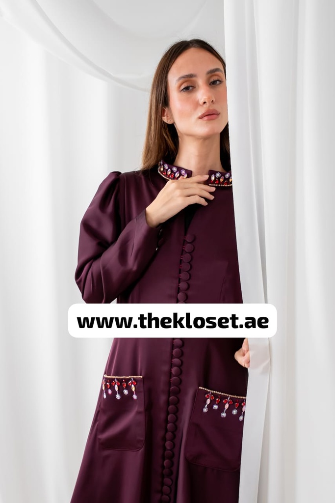 Jeweled buttons burgundy silky abaya