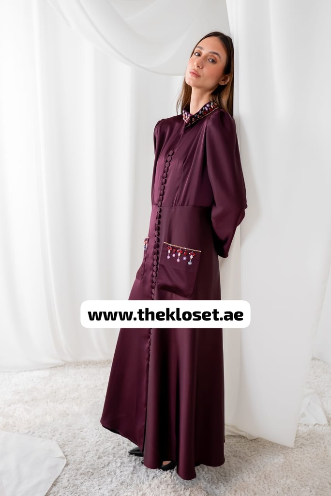 Jeweled buttons burgundy silky abaya