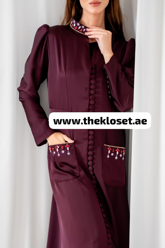 Jeweled buttons burgundy silky abaya