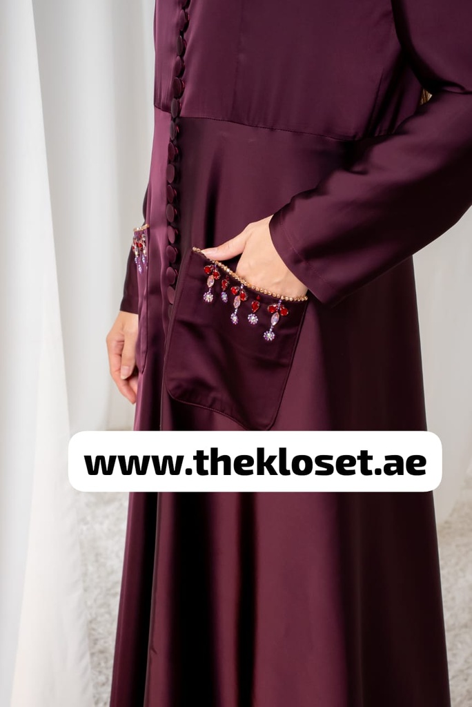 Jeweled buttons burgundy silky abaya