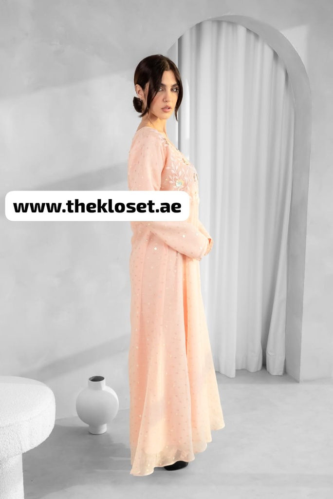 Peach Embroidered flower Design Midi Dress