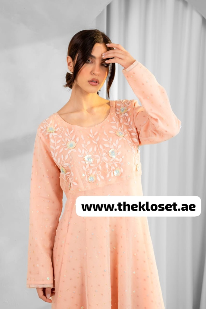 Peach Embroidered flower Design Midi Dress