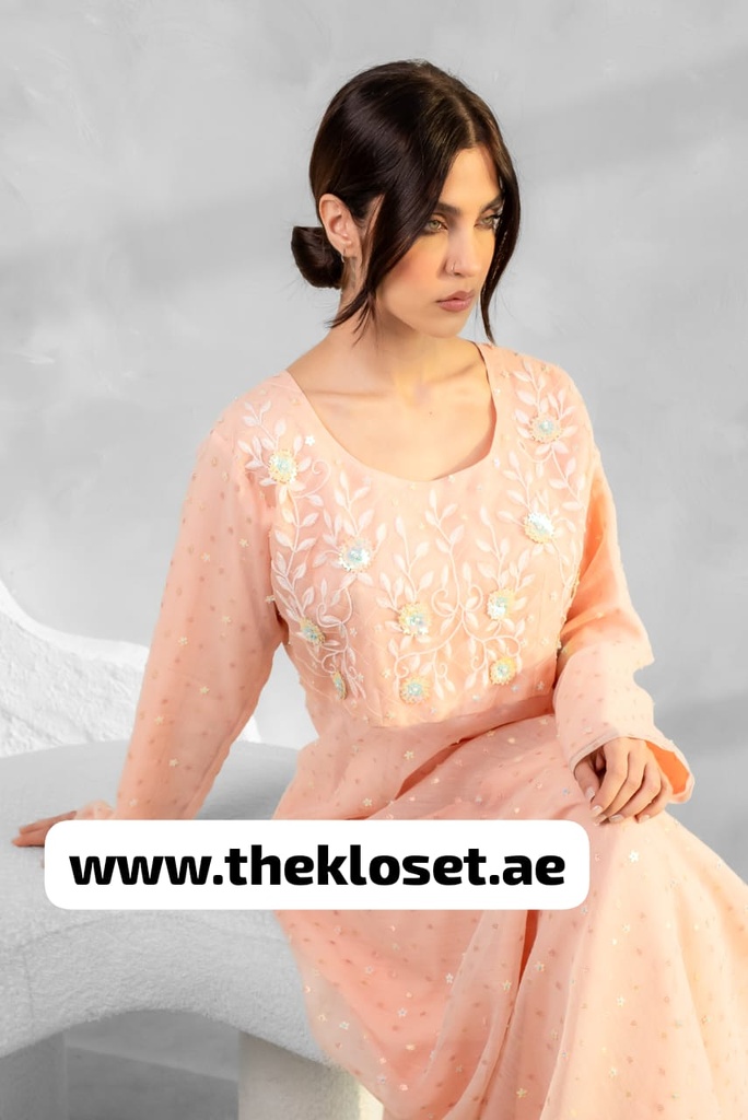 Peach Embroidered flower Design Midi Dress