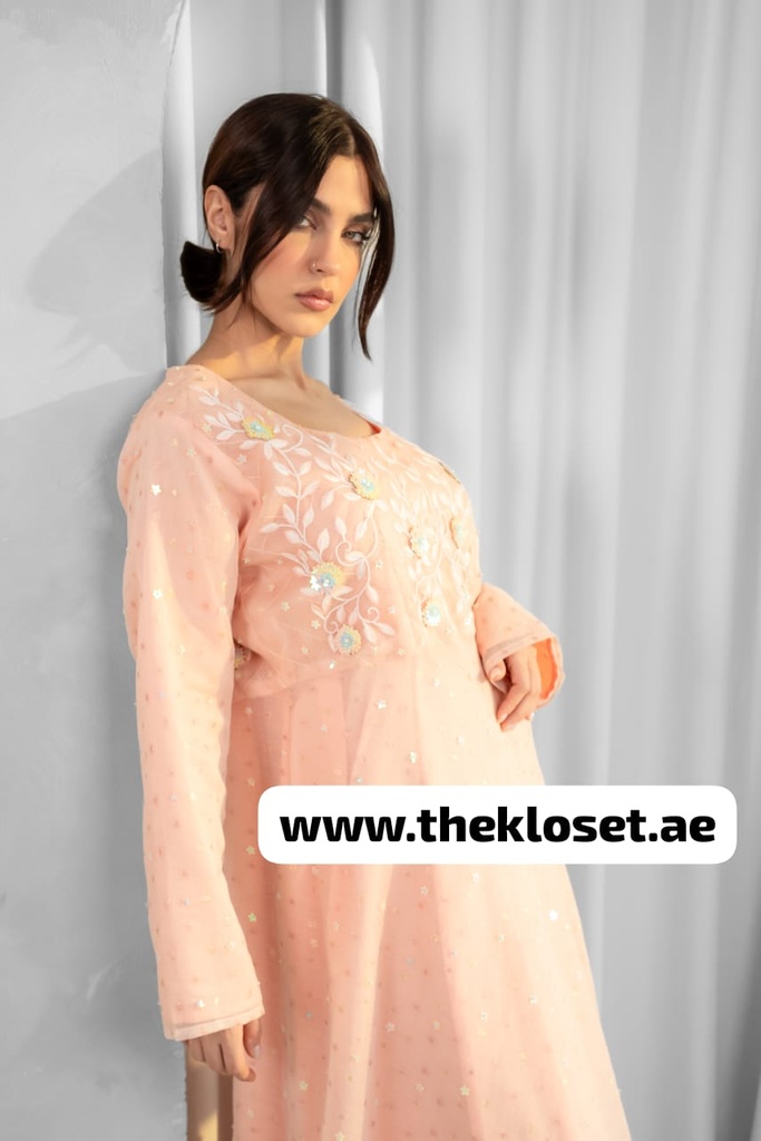 Peach Embroidered flower Design Midi Dress