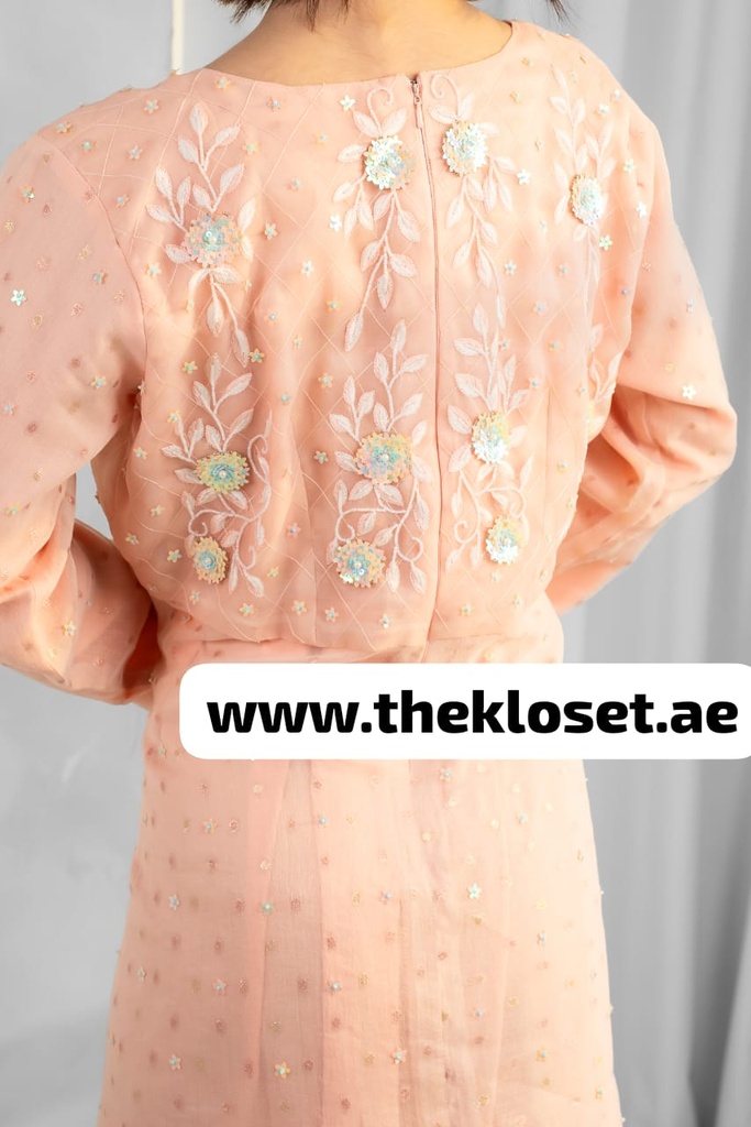 Peach Embroidered flower Design Midi Dress