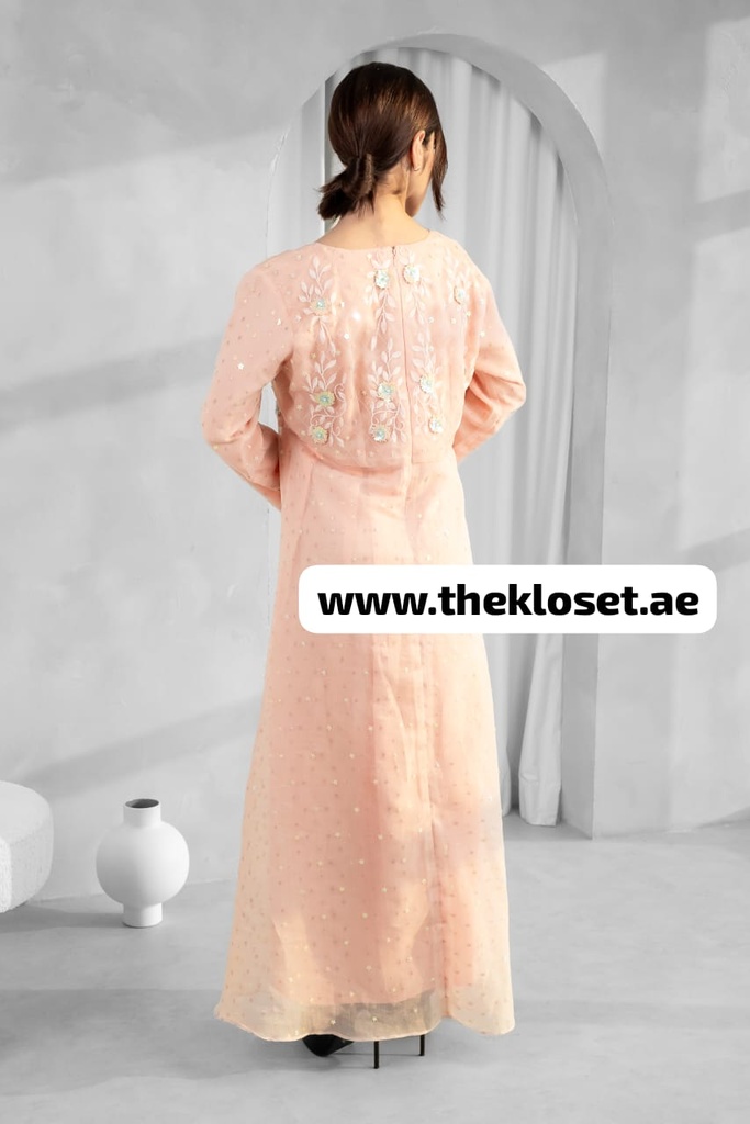 Peach Embroidered flower Design Midi Dress