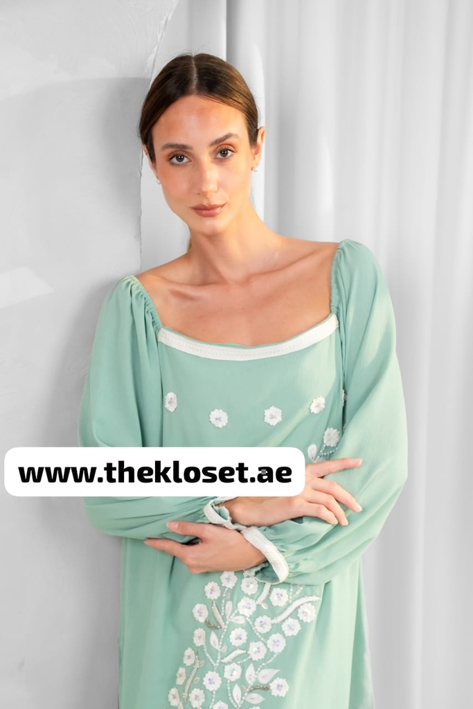 Long Dress In Light Green With Floral Embroidery