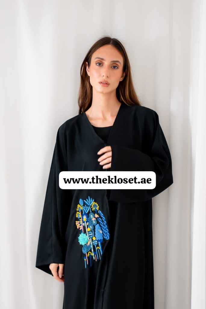 Black Abaya with Art Floral Design  