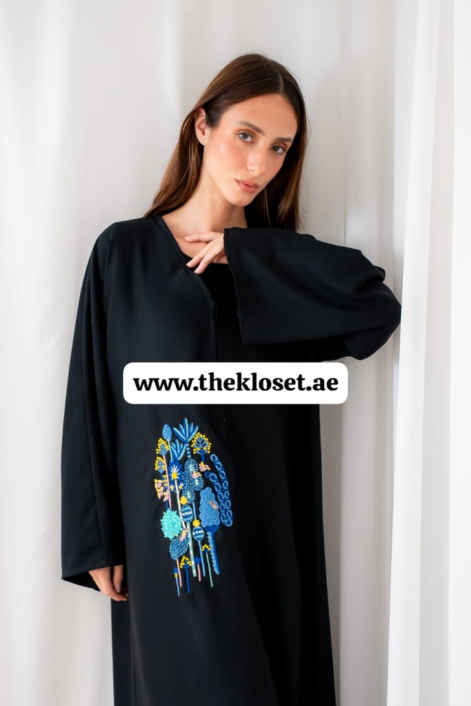 Black Abaya with Art Floral Design  