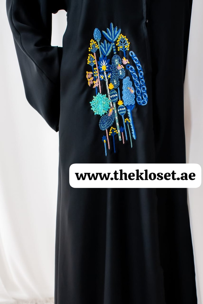 Black Abaya with Art Floral Design  