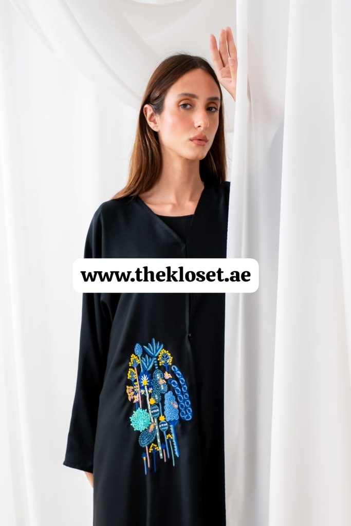 Black Abaya with Art Floral Design  