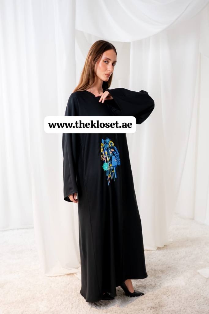 Black Abaya with Art Floral Design  