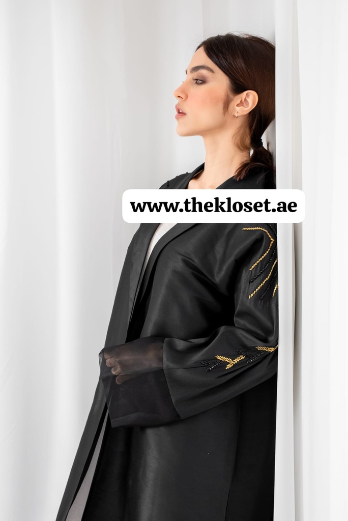 Open Abaya With Beaded Embroidered Design On Sleeves