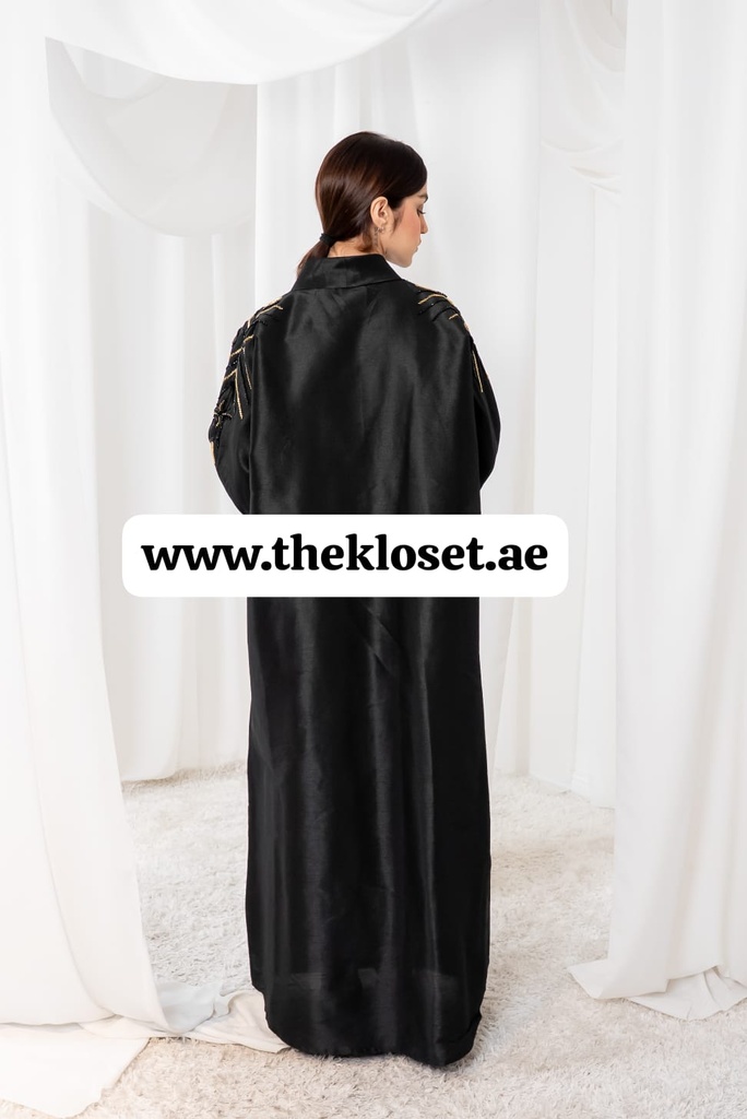 Open Abaya With Beaded Embroidered Design On Sleeves