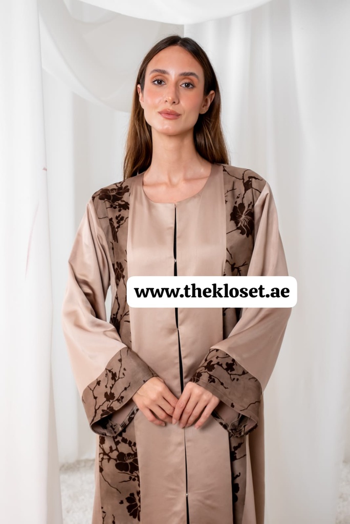 Brown silky velvet print Abaya