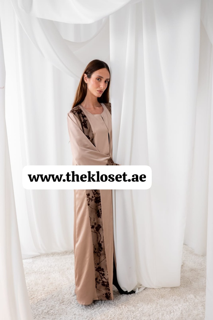 Brown silky velvet print Abaya