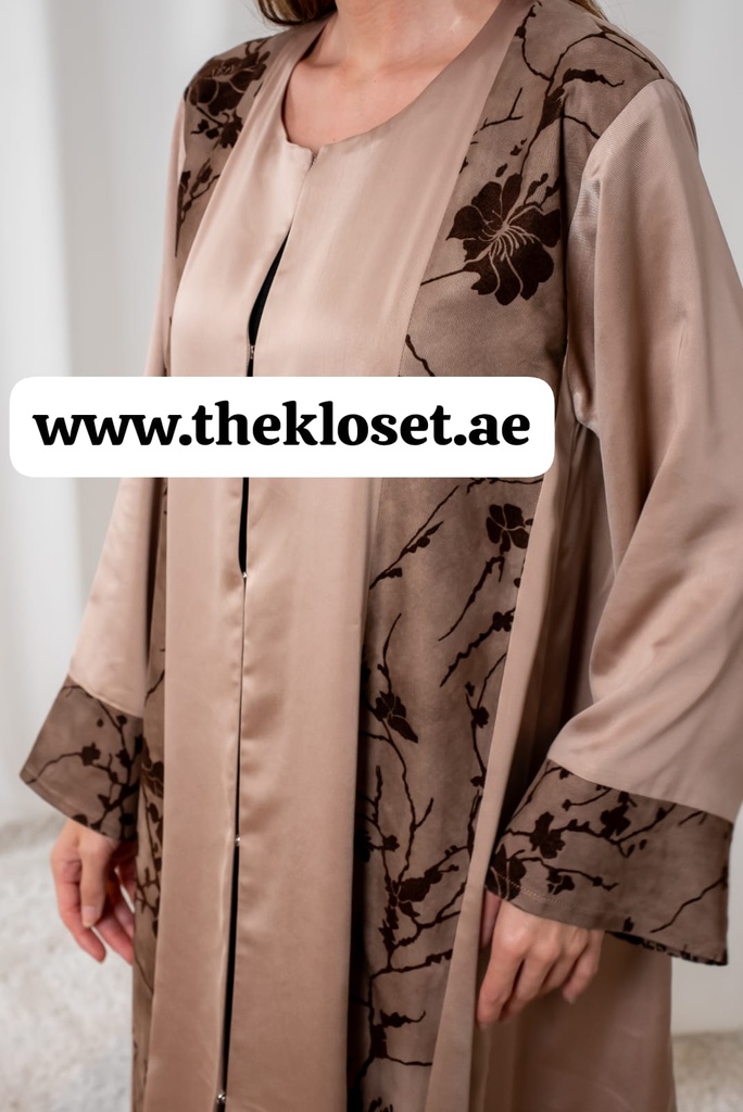 Brown silky velvet print Abaya
