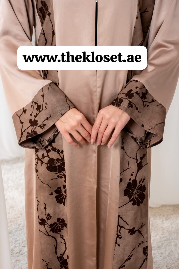 Brown silky velvet print Abaya