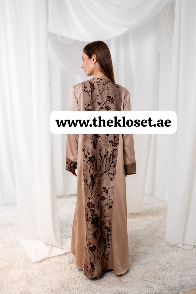Brown silky velvet print Abaya