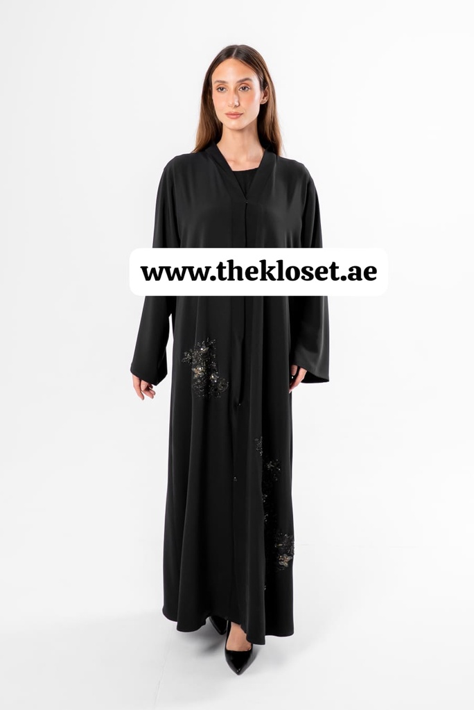 Black Abaya With Beaded Butterfly Design 