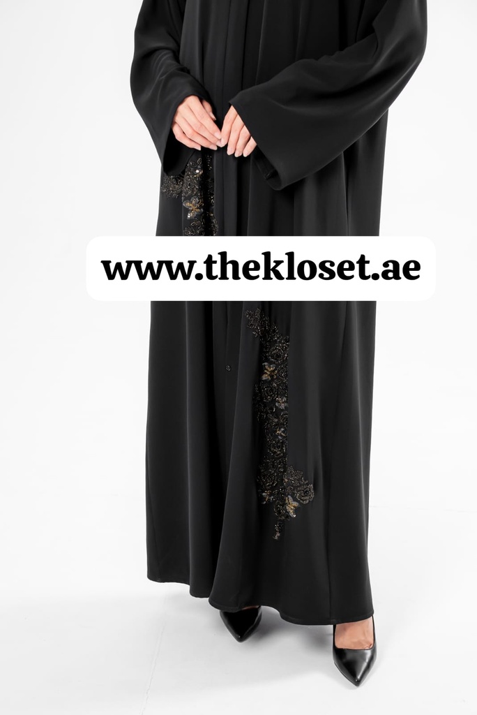 Black Abaya With Beaded Butterfly Design 