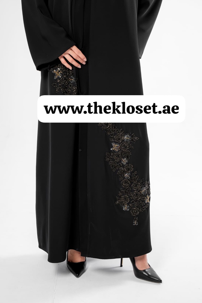 Black Abaya With Beaded Butterfly Design 